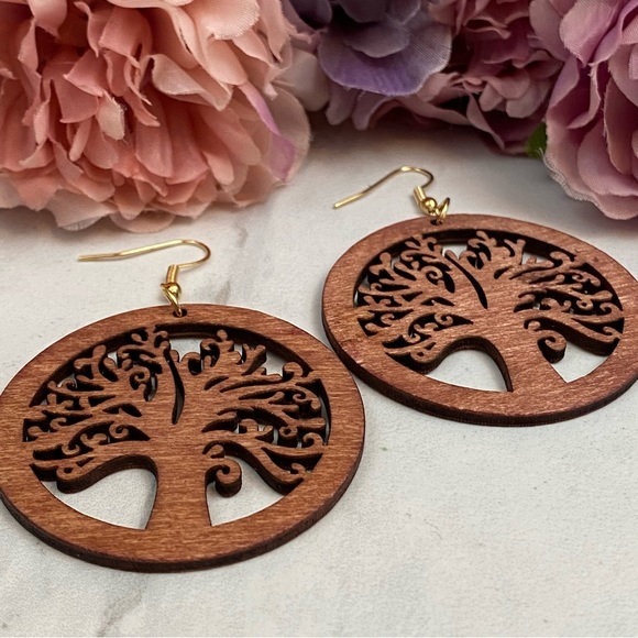 Boho Hand Carved Round Wood Tree of Life Earrings - Picture 8 of 8